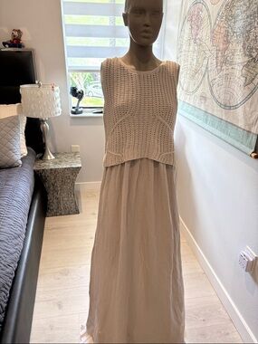 Sleeveless Cream Knit-Bodice Maxi Dress